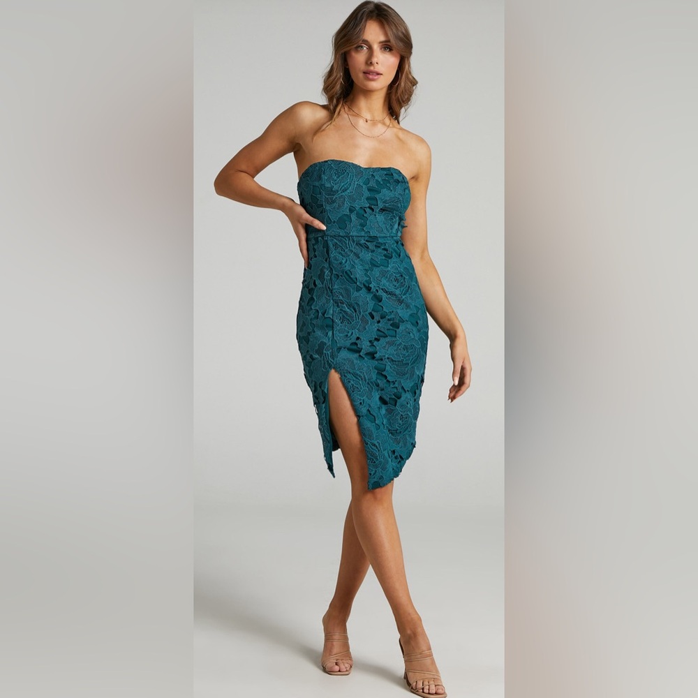 Showpo Size 14 Strapless Lace to Lace Dress in Emerald Green